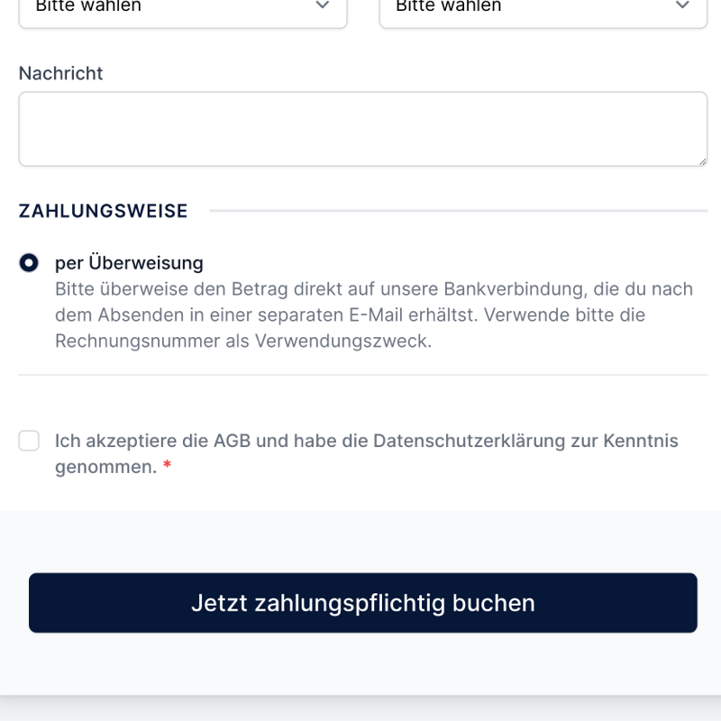 Schnelle und einfache Online-Buchung von Kursen und Veranstaltungen. Teilnehmer werden automatisch registriert, erhalten Bestätigung und Rechnung.