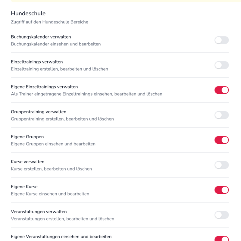 Ab sofort kannst du in der 123Hundeschule-Software den Zugriff deines Teams ganz gezielt steuern! Mit klar definierten Rollen und individuellen Berechtigungen sorgst du für mehr Sicherheit und effizientere Arbeitsabläufe. Ideal für größere Teams!
