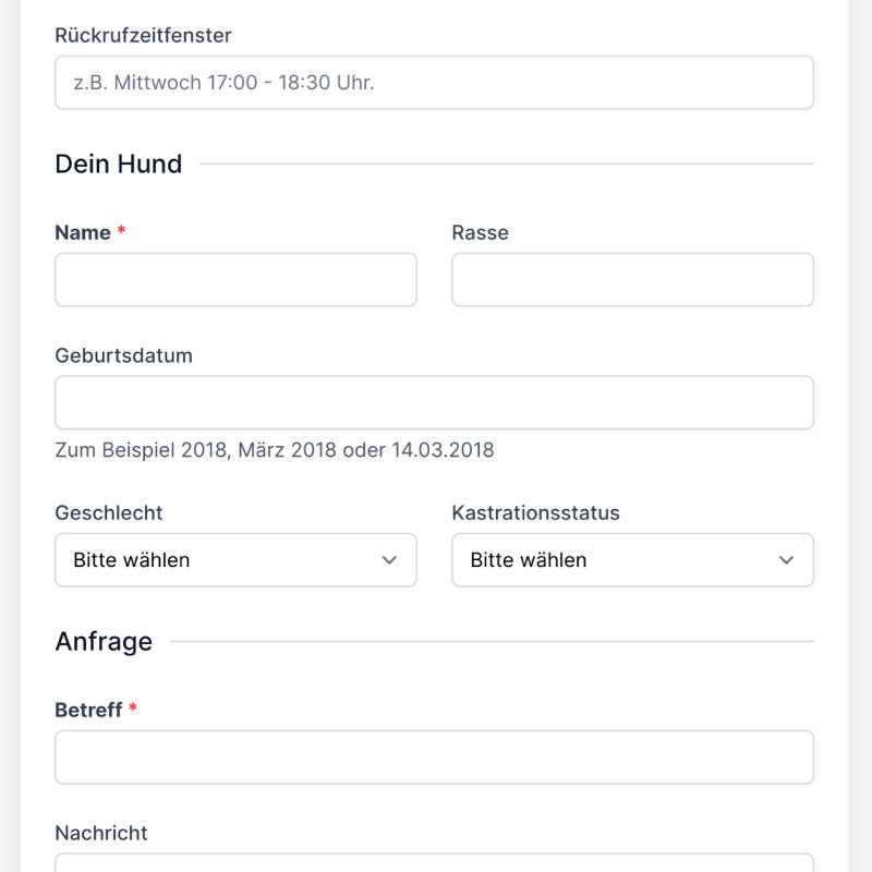 Neue Funktionen: Mehrere Rechnungen können gleichzeitig bezahlt werden und Kunden können ihr Profil selbst aktualisieren. Hundedaten können im Anfrageformular eingegeben werden. Steuersatz wird explizit in Rechnungen angegeben.