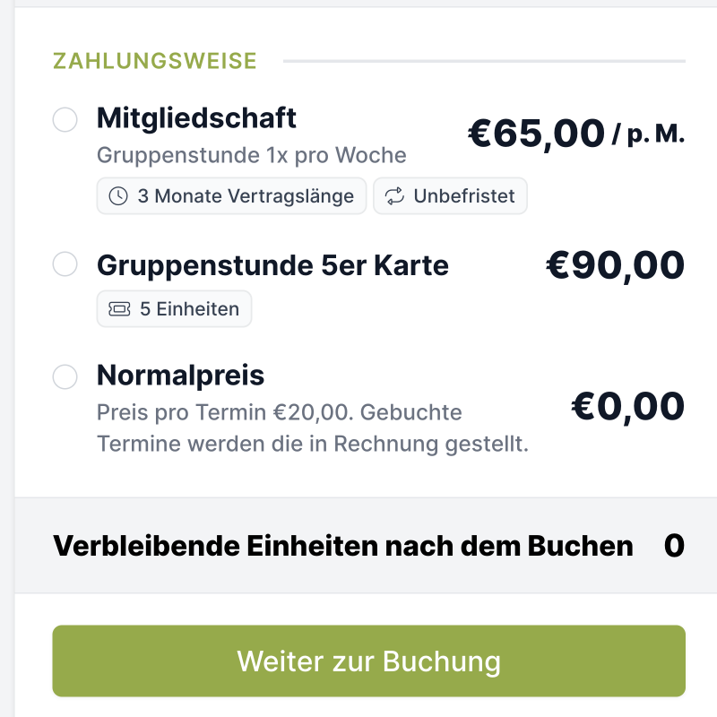 Gruppen können wie Kurse und Veranstaltungen über eine Option in den Leistungen verbindlich gebucht werden. Darüber hinaus gibt es weitere Buchungsoptionen für Gruppen.