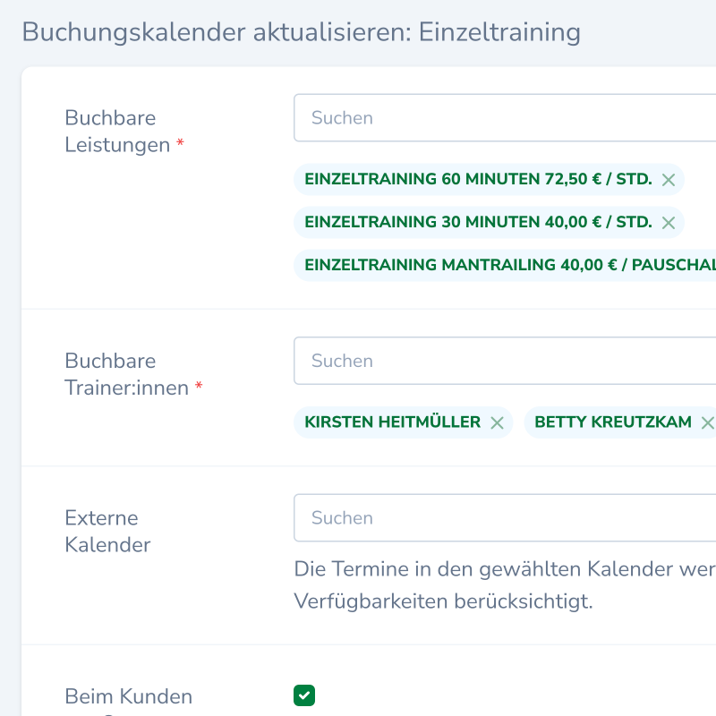 Du kannst ab sofort Deinen Kunden die Möglichkeit geben, über Deine Webseite Einzeltrainingstermine zu buchen. Der Buchungskalender ermöglicht es, Leistungen, Dauer, Ort und Trainer individuell festzulegen. Verfügbarkeiten werden automatisch synchronisiert, um Terminüberschneidungen zu vermeiden. Kunden erhalten eine Bestätigung per E-Mail und Du kannst die Buchung bestätigen oder ablehnen. Die Funktion ist ideal, um den Überblick über Deine Terminplanung zu behalten.